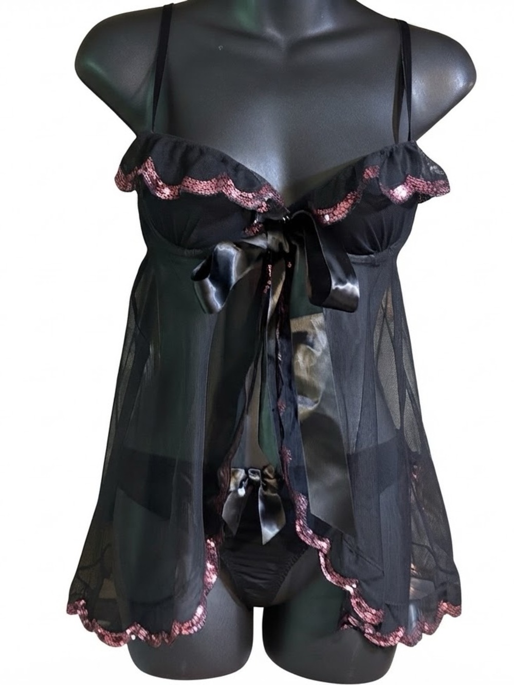 Victoria's Secret Black Sheer Babydoll with Pink Sequin Trim 34b